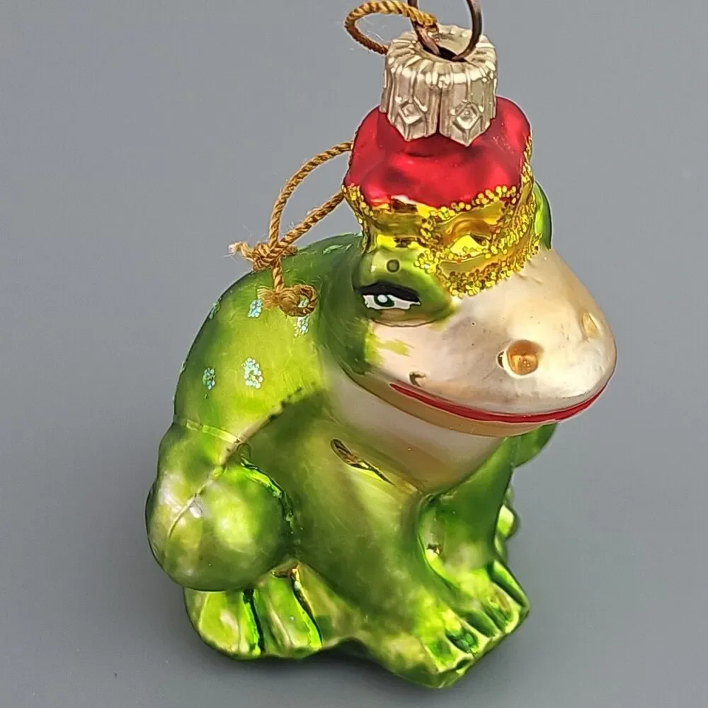 Blown Glass Frog Christmas Ornament Light Green Crown 3 inch